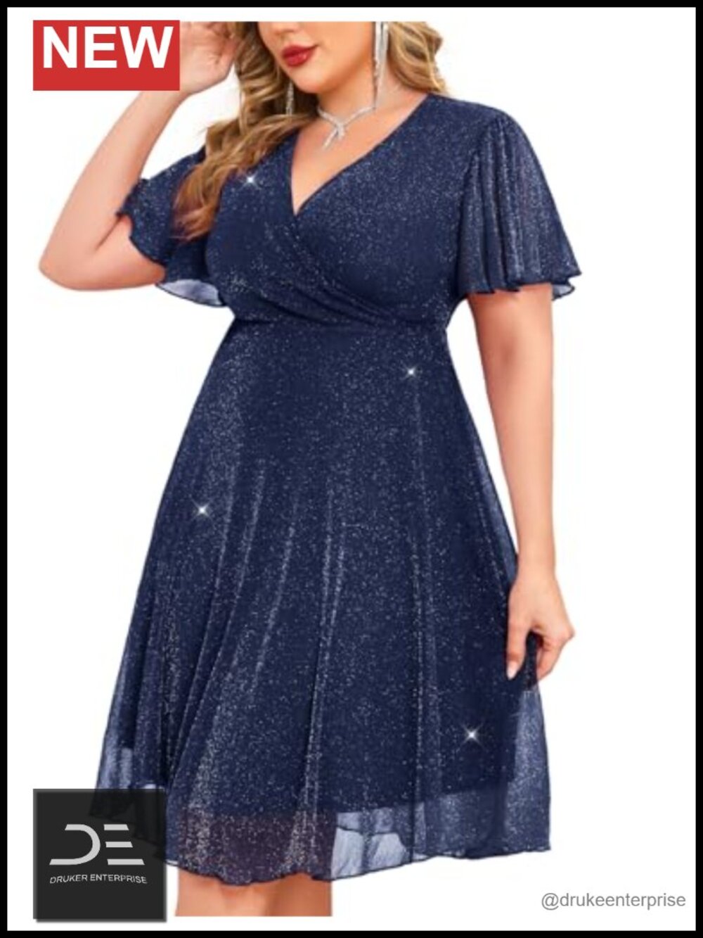 Plus Size Sparkly Mesh A Line Mini Dress Ruffle Sleeve V Neck Party